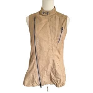 Saks Fifth Avenue M Leather Moto Vest Tan Asymmetric Zip Funnel Neck Utility